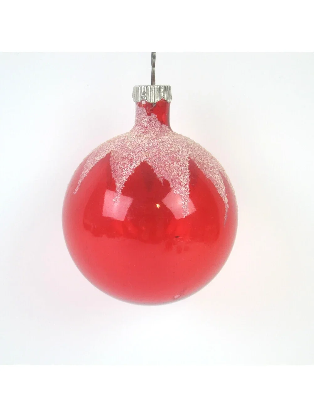 Vintage Shiny Brite Unsilvered Glass Christmas Ornament Red Ball Mica Snow 3